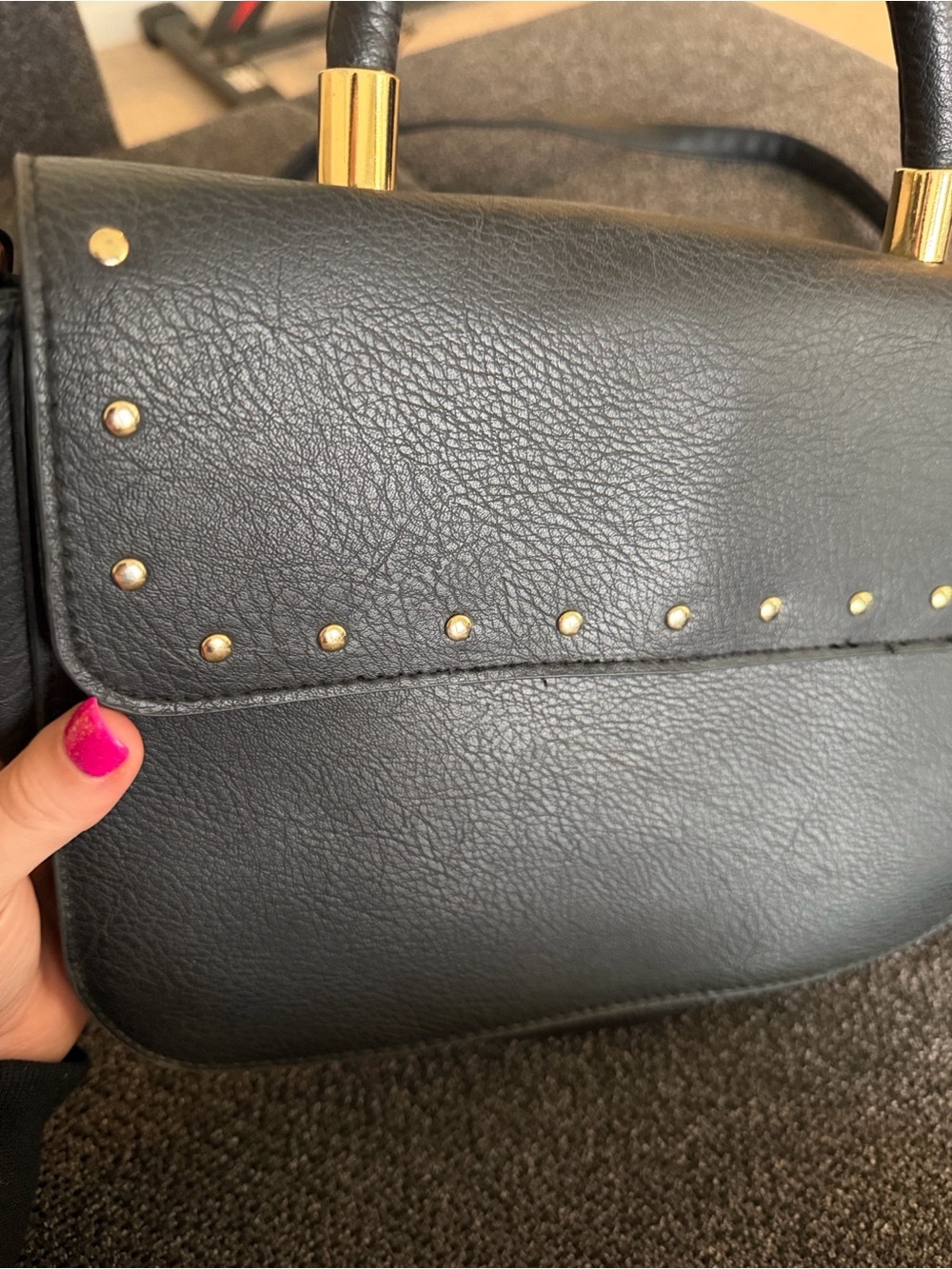 Black/Gray Stud-Accent Top Handle Shoulder Bag - Picture 4 of 8